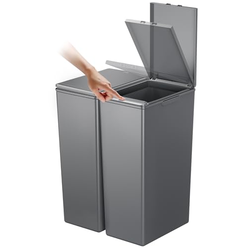 EKO Morandi Twin Pack (2 x 40L) Kitchen Bin with Touch-Top Lids, Plastic Double Bins with Recycling Stickers and Easy-Clean Finish, for Home or Office, Dark Grey