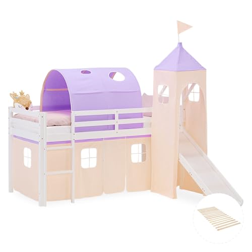 Homestyle4u Hochbett mit Rutsche Lattenrost 90x200 cm Weiß, Kinderbett aus Holz Kiefer, mit Turm Tunnel Vorhang Beige Lila, Artikel 2959 Homestyle4u Hochbett mit Rutsche Lattenrost 90x200 cm Weiß, Kinderbett aus Holz Kiefer, mit Turm Tunnel Vorhang Beige Lila, Artikel 2959
