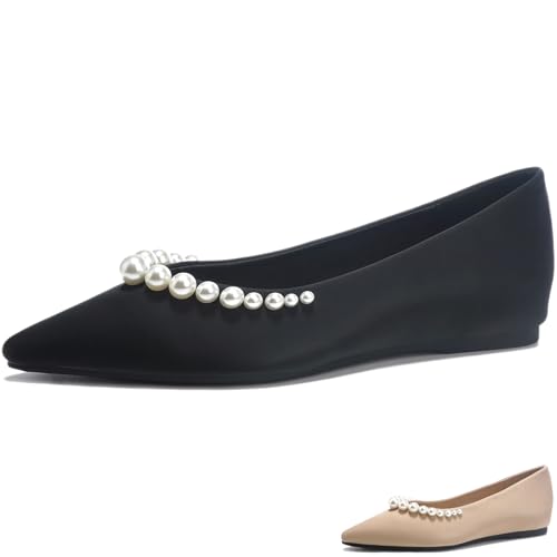 Women's Satin Elegant Pearl Pointed Toe Ballet Flats Lightweight Soft Slip on Comfortable Non-Slip Dress Shoes for Bridal Prom Wedding Work Dress