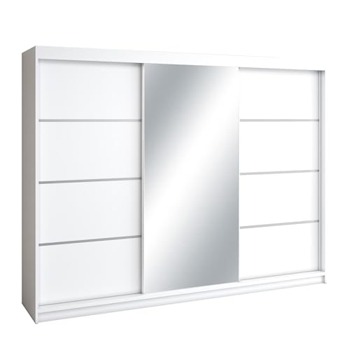 BEAUTY SOFA Mars Meble Mono Kleiderschrank mit Spiegel, Garderobe mit Hochglanz, Schwebetürenschrank mit Schubladen, Schiebetür Garderobenschrank, Schiebetür Schrank, Schwebetürenschrank 200cm, Weiß