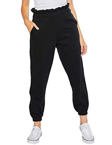 esstive Women\'s Ultra Soft Fleece Basic Midweight Casual Paper Bag Waist Band High Rise Joggers, Black, X-Small