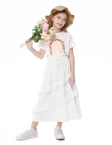 Image of Girls High Waisted Ruffle Maxi Skirt Soft Cotton Long Skirts with Elastic Waistband for Kid Girl 3-12 Years