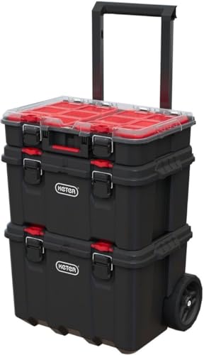 Keter Stack n' Roll Modular DIY Tool Storage System Cart with Wheels, Stackable, Lightweight, Durable, Water Resistant, Black