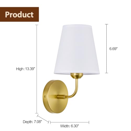 Image of Hardwired Wall Sconces Set of 2,Gold Finish with White Fabric Shades,Small Indoor Wall Decor Lamp for Living Room Bedroom Bathroom