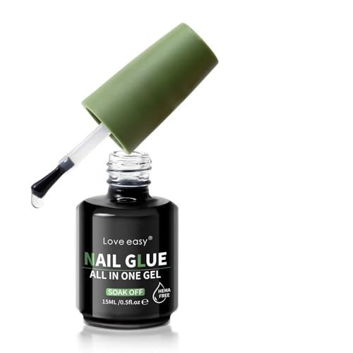 Love Easy Nail Glue Gel for Press ons with Brush on, 6-in-1 Soft Professional Strong Adhesive for Gem Acrylic Tip Art Rhinestones Beads Stickers, Long Lasting Bond (U V Lamp Needed)