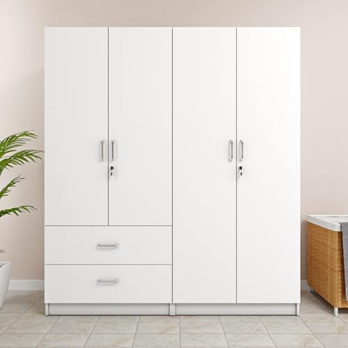 Image of VIKI Wardrobe |Wooden Almirah for 4 Door 2 Drawer with Shelves & Hanging Space Wardrobe (Frosty White - 40D x 160W x 180.8H) | 1 Year Warranty | Free Assembly