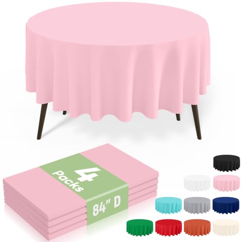 Image of misaya 4 Packs Disposable Plastic Table Cloth, 84 inch Round Waterproof Tablecloth, Leakproof & Sturdy Decorative Table Covers for Picnic, Party, Outdoor and Back to School, Pink