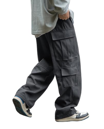THWEI Mens Cargo Pants Drawstring Elastic Waist Casual Baggy Pant Grey S3