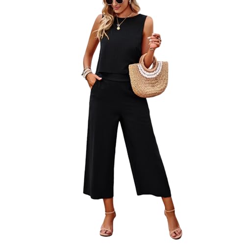 Generisch Mujer Verano Dos Piezas Sin Mangas Botón Top Ancho Cropped Pantalones Casual Traje, Negro , M