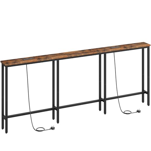 HOOBRO 200 cm Slim Console Table with 2 Charging Stations Narrow Behind Sofa Table Long Hallway Table with Adjustable Feet for Hallway Living Room Rustic Brown and Black EBF252KXG01