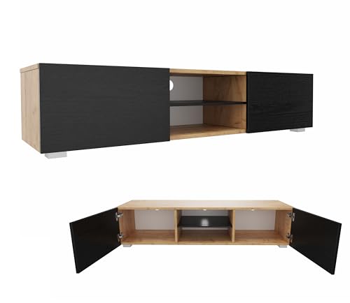 PLATAN ROOM TV Lowboard/Sideboard 140 cm breit Hängeschrank Fernsehschrank TV Kommode mit 2 Türen und offenem Fach in 5 Farbvarianten (Eiche Gold/Schwarz Matt, 140 cm breit)