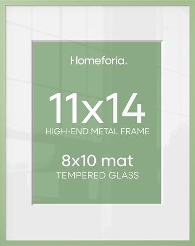 Image of Homeforia 11x14 Green Picture Frame, High-End Metal, 8x10 Mat, Glass | High End Aluminum, Tempered Glass, Acid-Free 8x10 Removable Mat, 11x14 in Edge-to-Edge Display 14x11, Wall Kit, Set Of 2