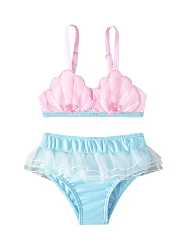 MakeMeChic Girl's Bikini Sets Shell Bow Knot Ruffle Tiered Mesh Swimsuit with Headband Multicolor 4Y