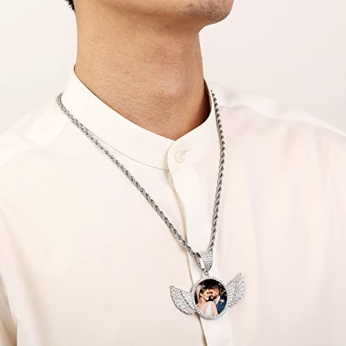 INBLUE Personalized Hip Hop Memory Photo Necklace Pendant Custom Engraved Text for Men Women Copper Iced Out Angel Wing Round & Heart Charm Medal Rope Chain Jewelry Gift4