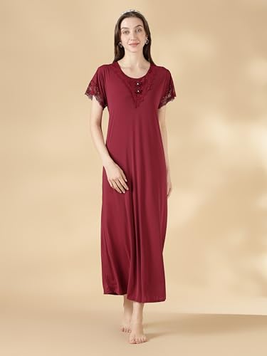 Image of 9shines Label Stylish Soft Modal Maxi Nighty | Honeymoon Nighty | Full Length Trendy Nightgown | V-Neck Lace | Premium Nightdress | Soft Long Nightdress | Maxi Gown Nightwear for Women (Malai Satin)