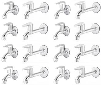 Spazio Stainless Steel Vignette Bib Cock with Long Body Combo Pack Foam Flow Water Taps with Wall Flange (Pack of 8) (Chrome Plated, Brass Disc)