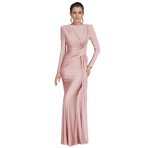 Image of RARITYUS Women's Elegant Knot Ruched Long Sleeve Maxi Dress Shoulder Pads Long Formal Dress Cocktail Evening Party Dress