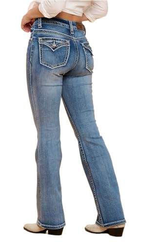 Women's High Waist Boot Cut Jeans with White Stitching