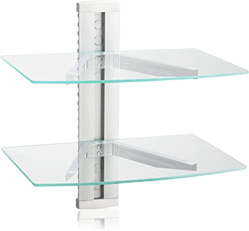 Image of suptek Glass Floating Shelves, TV Wall Mount with Shelf for DVD Player / PS4 / Cable Boxes /Game Consoles /Sky Box /TV Accessories, Media Shelf, Flat Black Wall Mount Bracket, AV Shelf, 2 Tiers Shelves