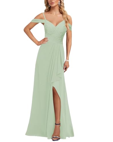 Rjer Off Shoulder Bridesmaid Dress for Women Chiffon Pleated Ruffle V Neck Formal Prom Dress with Slit3