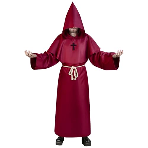 Aomig Disfraz de Monje Halloween, Disfraz de Sacerdote Medieval con Cruz y Capucha, Sacerdote Túnica Medieval Renacimiento Traje, Disfraz Halloween Adulto para Fiestas Carnaval, Rojo Oscuro-XXL