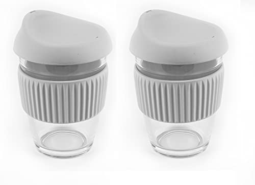 Baskety Glass Tumbler to Go, Reusable Coffee & Tea Cup, Insulated, Clear Travel Mug with Anti-Splash Silicone Lid and Non-Slip Sleeve, 300ml Grey Pack of 2