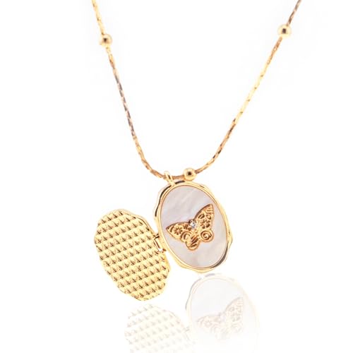 Dainty Gold Necklace for Women, 14k Gold Butterfly Shell Locket Charm, Gifts for Women Teen Girls4