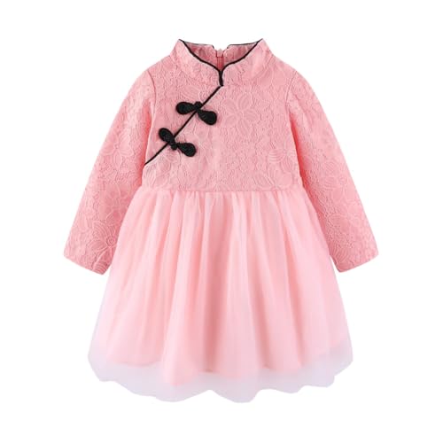 LittleSpring Toddler Girls Qipao Dress for Kids Long Sleeve Cheongsam Dresses Chinese New Year Traditional Clothing Pink 4T