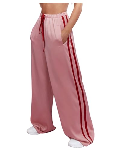 Verdusa Women's Side Striped Satin Pants Wide Leg Baggy Pants with Pockets