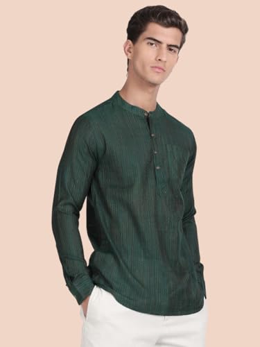 Image of KRYPTIC Men's Full Sleeve Regular Fit Short Kurta in Premium Pure Cotton with Patch Pocket and Mandarin Collar - Perfect Blend of Style and Comfort