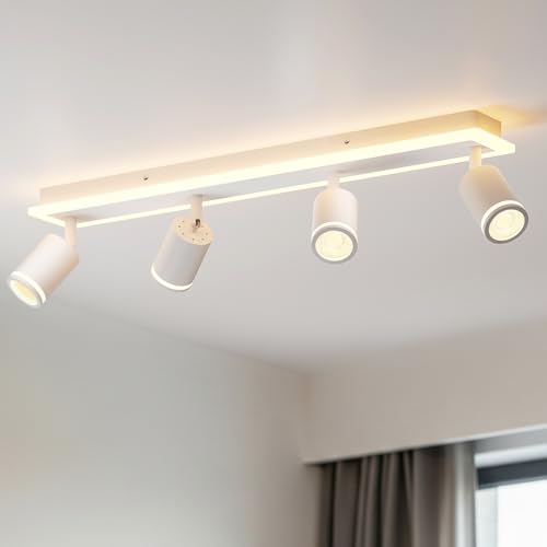 LVWIT Luminaire Plafonnier LED, Luminaire Salon Blanc GU10, 4 Spot de Plafond Pour Cuisine, Base Rectangulaire Avec Barre Lumineuse Intégrée (Sans Ampoule)