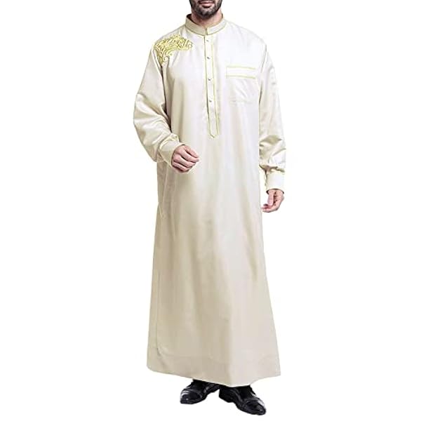 Notinzo Casual moslim Arabische herenjas met medium geborduurde kraag en lange mouwen, flanellen overhemd voor heren