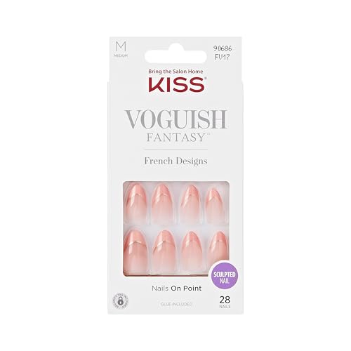 KISS Voguish Fantasy, Press On Nails, Nail glue included, 'éclatant', Pink, Medium Size, Almond Shape, Includes 28 Nails, 2g glue, 1 Manicure Stick, 1 Mini File