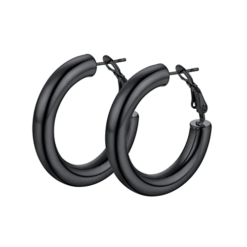 Stainless Steel Chunky Hoop Earrings For Women, Minimalist and Chic, Black/Gold Plated, Round Hoops Earrings Hypoallergenic, Size: 30mm/40mm/60mm/80mm, Come with Box