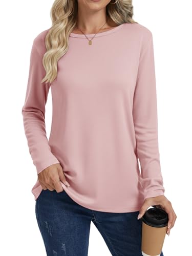Cuptacc T-Shirts Für Damen Tunika Tshirt Damen Langarm Einfarbig Tops Rundhalsausschnitt Langarm Hellrosa XL 46-48