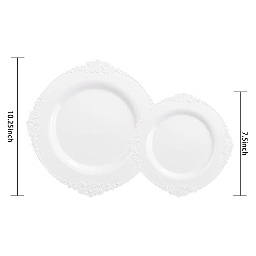 Morejoy 100PCS White Plastic Plates，White Disposable Plates，Include 50 Pieces 10.25 Inch Dinner Plates & 50Pieces 7.5 Inch Dessert Plates,Perfect for Weddings & Party