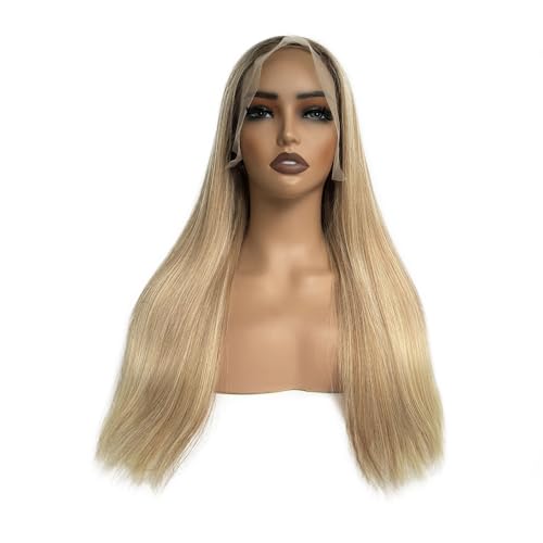 Image of Ombre Golden Blonde Highlights Lace Front Wig Human Hair for White Women 28 Inch Pre Plucked 13x6 HD Transparent Lace Frontal Human Hair Wig with Brown Roots Straight 180% Density Glueless Wigs