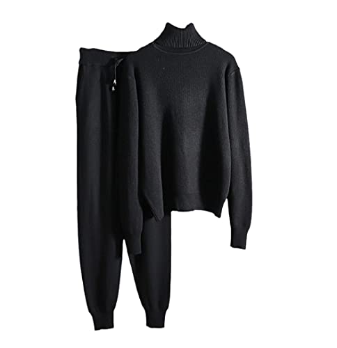 Ensemble tricot femme col roulé épais noir haut de gamme