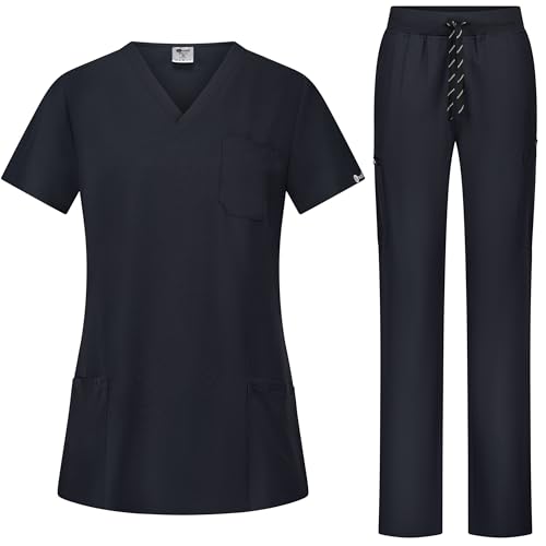 B-well BELLA Conjunto de casaca y pantalón unisex para profesionales sanitarios, ropa de trabajo, con elastano, Negro , S