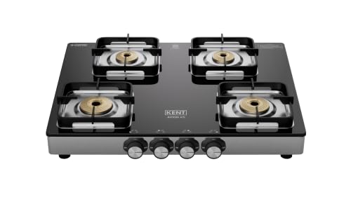 Image of KENT Avion Gas Stove 4 Burner SQ | Toughened Glass Top 8mm |SABAF Italian Gas Valve | Forged Brass Burner | Metallic Knob |Heat Resistance Coating |Cleaning Stand | LPG /PNG Compatible|5Yr Warranty