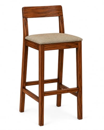 Image of Solid Sheesham Wood Bar Chair | Wooden Bar Stool for Kitchen Counter, Cafe, Dining & Home Bar | High Chair with Cushioned Seat | Brown Finish
