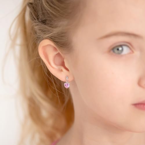 925 Sterling Silver Pink Cubic Zirconia Heart Ball Stud Dangle Earrings For Girls & Preteens- Delicate Safety Back Stud Earrings For Toddlers, Little Girls & Preteens3