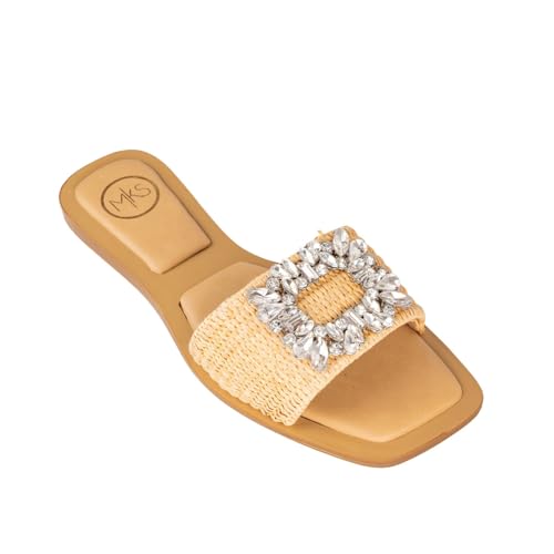 MAKERS SHOES GIA 3, Crystal Embellished Slide Sandals, Woven Band, White,Black and Natural