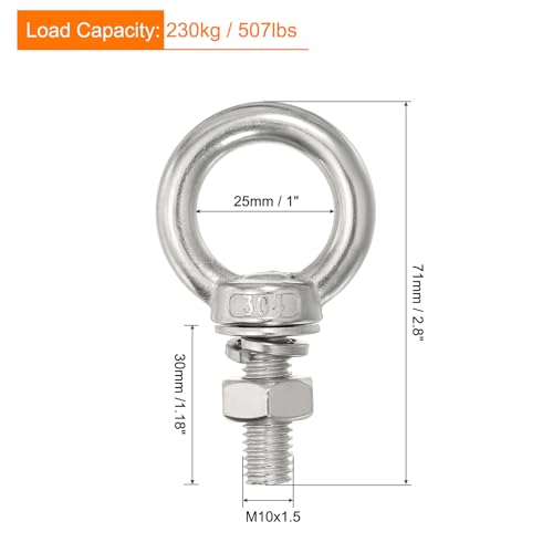 Image of uxcell M10x30 3 /8 inchx1.18 inch Stainless Steel Eye Bolts Threaded Screw Eyebolt Shoulder Ring with Nuts Washers for Lifting Hanging, 4 Set