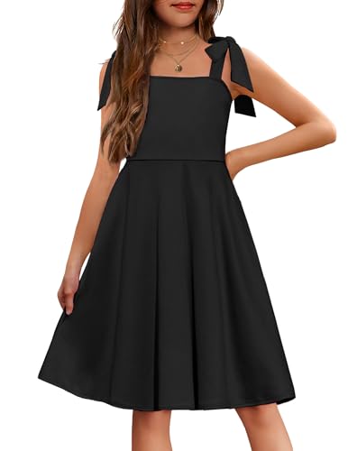 Arshiner Girls Summer Dress Tie Strap Sleeveless Solid Color Square Neck Party Dresses 6-11 Y