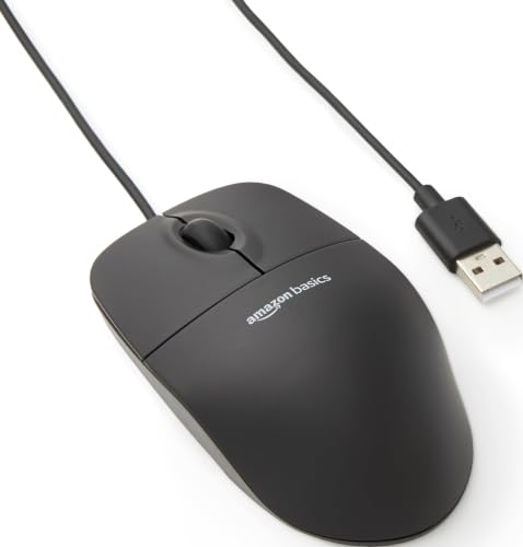 Amazon Basics 3-Button USB Wired Mouse with Responsive Tracking, Plug & Play, Compatible with Windows and Mac, Black