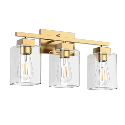 Image of PARTPHONER 3-Light Bathroom Light Fixtures, Brushed Gold Modern Vanity Lights, Bathroom Lighting Fixtures Over Mirror, Square Design Farmhouse Wall Sconces with Clear Glass Shades