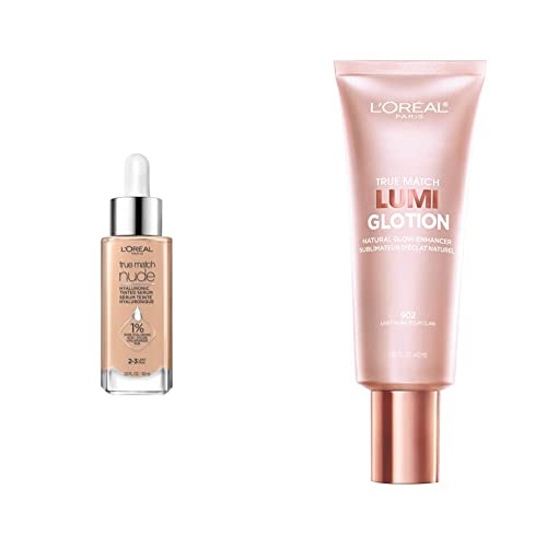 L'oreal Paris True Match Nude Hyaluronic Tinted Serum Foundation With 1% Hyaluronic Acid, Light 2-3, 1 Fl. Oz & L'oreal Paris True Match Lumi Glotion Natural Glow Enhancer Lotion, Light, 1.35 Ounces #TOP30