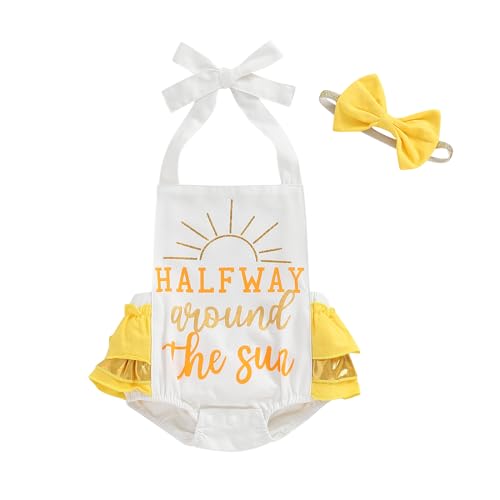 BULINGNA Baby Girl Half Birthday Outfit Half Way Arround the Sun Romper Summer Ruffle Cake Smash Onesie with Headband