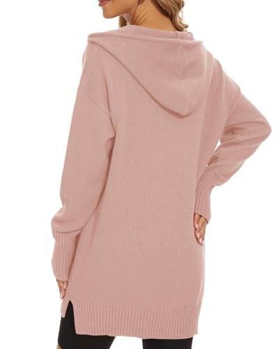 Image of Women's Hooded Sweater Loose Half Zip Drawstring Pullover Sweatshirt Top Casual Long Sleeve Side Slit Knit Hoodie
